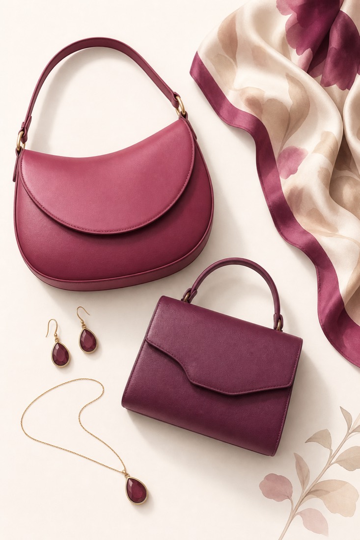 A flat lay of two handbags, drop earrings, a fine necklace and a folded silk scarf