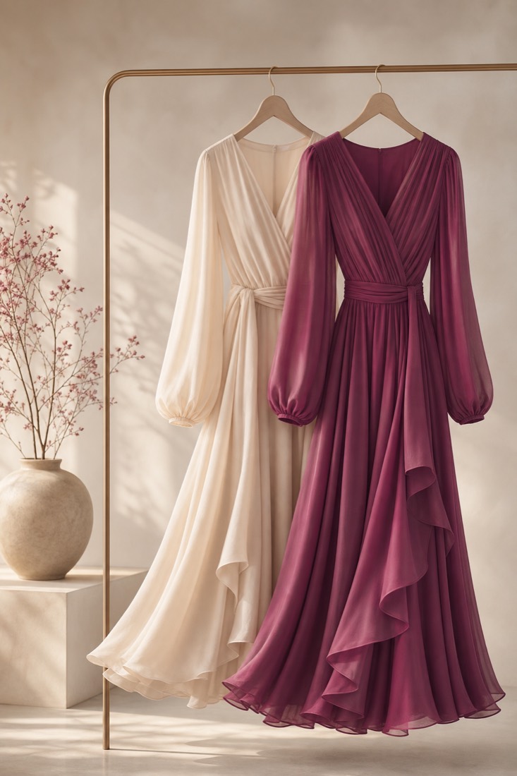 A cream and a plum day dress on a slim gold clothing rail
