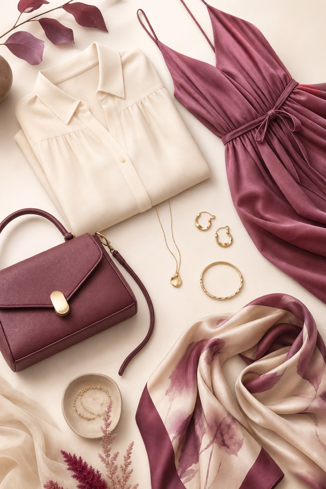 A Lady House edit laid out on cream — a folded ivory blouse, a plum dress, a burgundy leather handbag, fine gold jewellery and a silk scarf