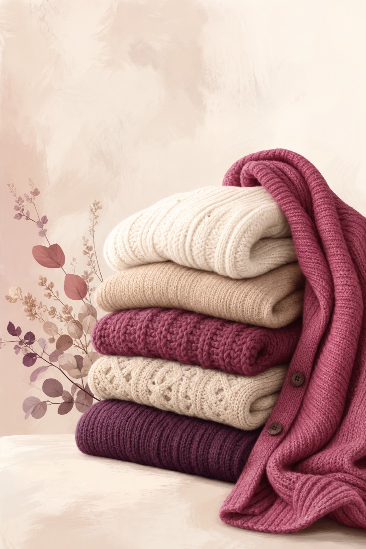 A cozy stack of folded knit jumpers and a cardigan in cream and soft plum