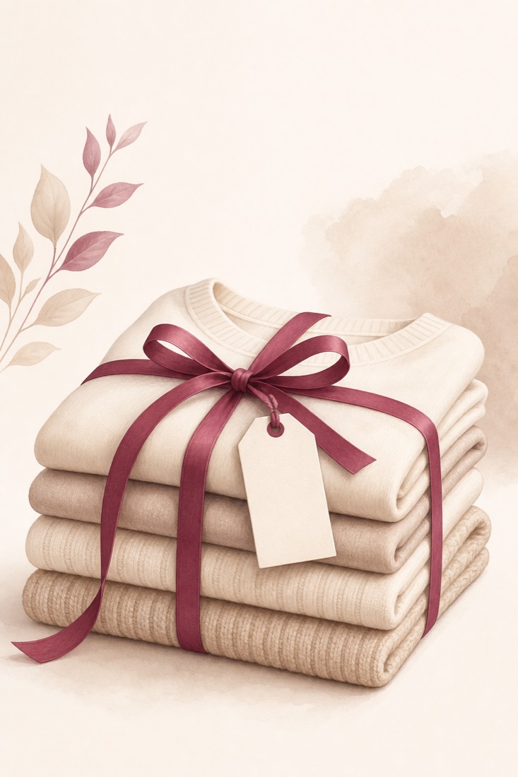 Freshly folded neutral pieces tied with a slim plum ribbon