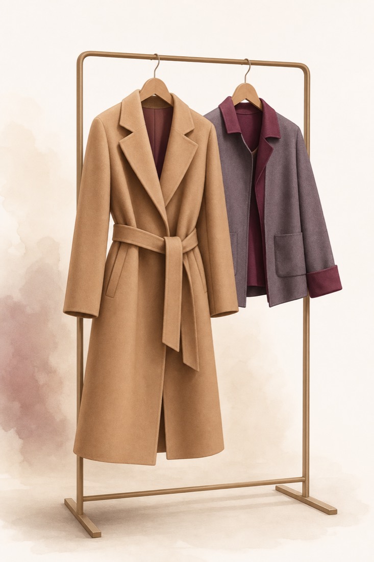 A tailored coat and a light jacket on a minimalist rack in camel and plum-grey