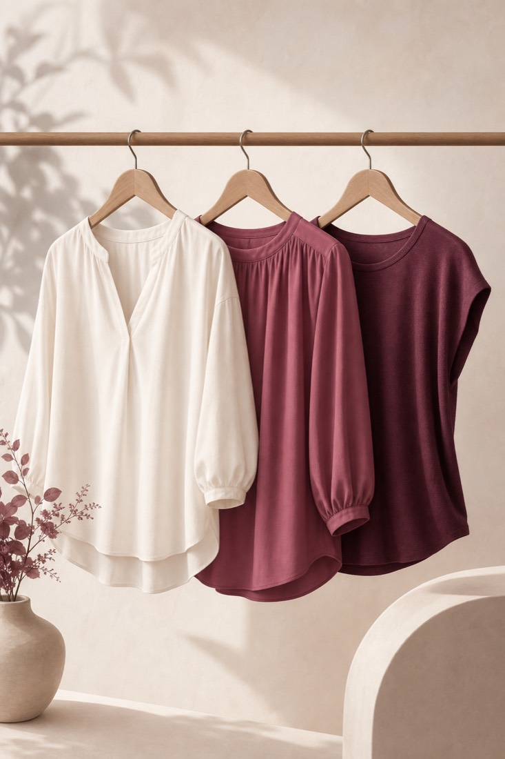 Women's blouses and tops on wooden hangers in soft neutral fabrics